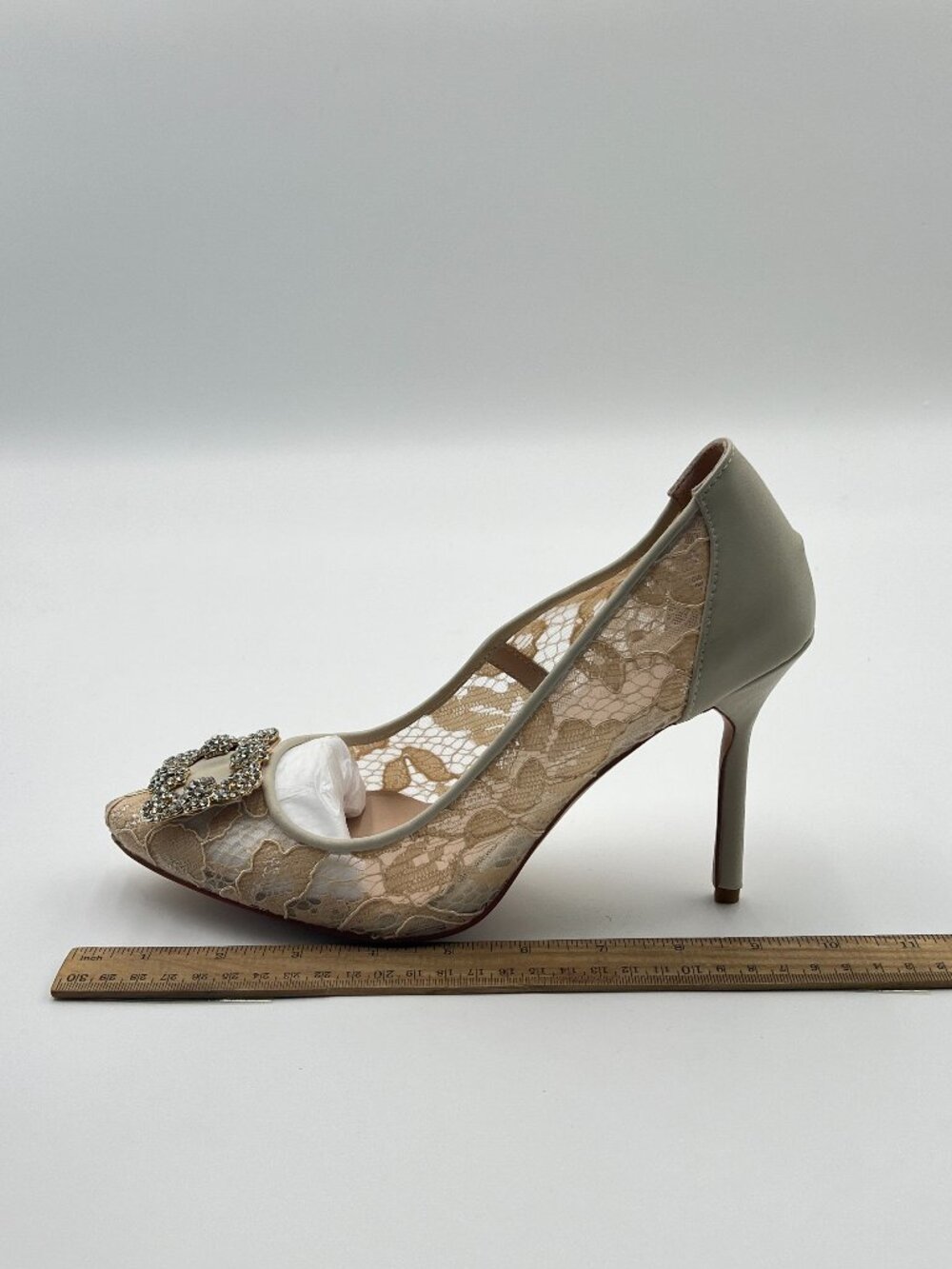 FSJ Nude Pointed Toe High Heel Pumps Floral Lace Mesh Slip On Rhinestones Shoe